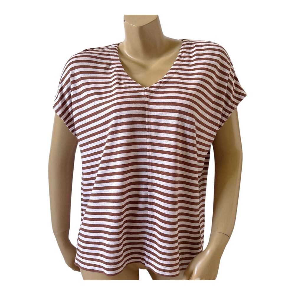 J JILL Womens Size Small Short Sleeve Striped Linen Blend V Neck Shirt Top